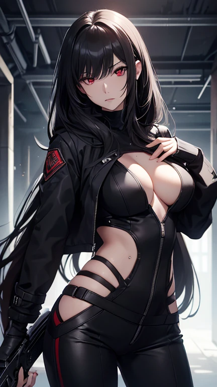 beatrix brehme, 1girl, red eyes, black hair,, masterpiece, best quality, highly detailed, a girls with a gun, evil smile , open mouth, sexy gaze, badass pose , evil smile, smile, (nsfw) not safe for work, guns blazing, anime girl with long hair, beautiful long haired girl, navel, evil expression, exposed belly, exposed navel, exposed midriff, exposed lower belly, long black pants, crop top, cleavage, unbuttoned leather pants ,open fly, low rise black leather pants, leather jacket, holding a gun, outdoor,street,road,