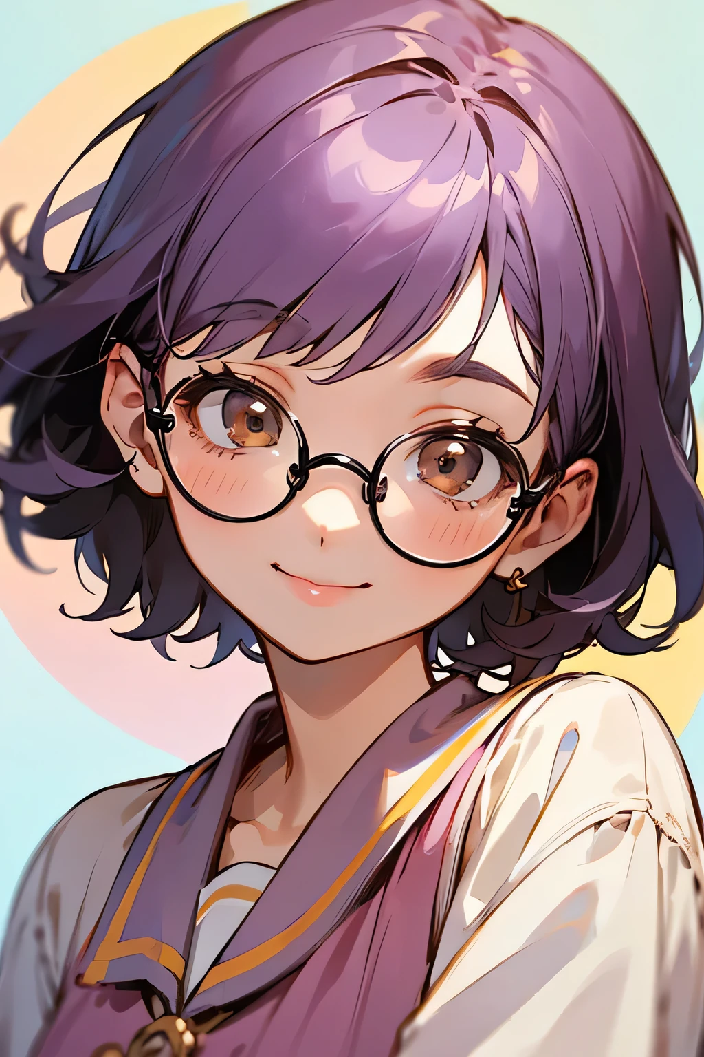 ((best quality)), ((masterpiece)), (detailed), one girl 1girl, dark purple hair, brown eyes, short hair, round glasses, cute, happy smile, pastel clothes, cute girl, bright background