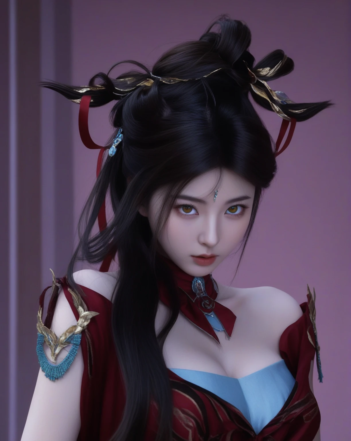(hyperrealistic), (illustration), (high resolution), (8K), (extremely detailed), (best illustration), (beautiful detailed eyes), (best quality), (ultra-detailed), (masterpiece), (wallpaper), (photorealistic), (natural light), (rim lighting), (detailed face), (high detailed realistic skin texture), (anatomically correct), (solo), (1 girl), (high detailed realistic hair), (caramel hair:1.35), (heterochromic eyes), (detailed eyes), (light yellow eyes:1.37), (sparkling eyes), (realistic big breasts:1.5), (exposed nipples breasts:1.35), (long legs), (slender abs), (dynamic pose), (closed tiny mouth:1.3), (nsfw), (concentrated expression), (topless),