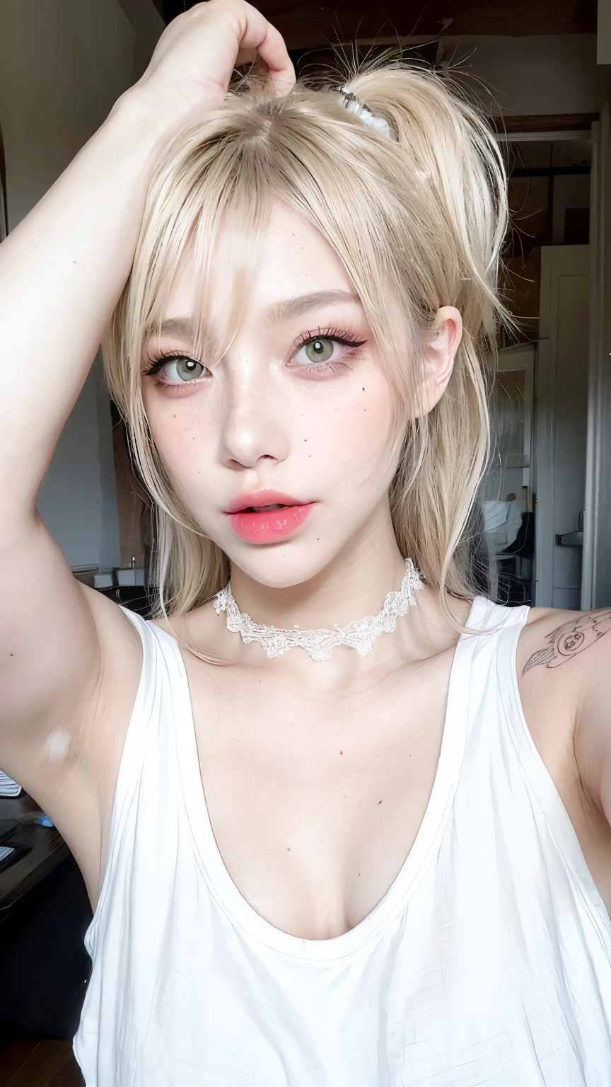 1 girl, Wink, blonde, freckles, Arm tattoo, Plain white t-shirt, choker, Natural light, Selfie