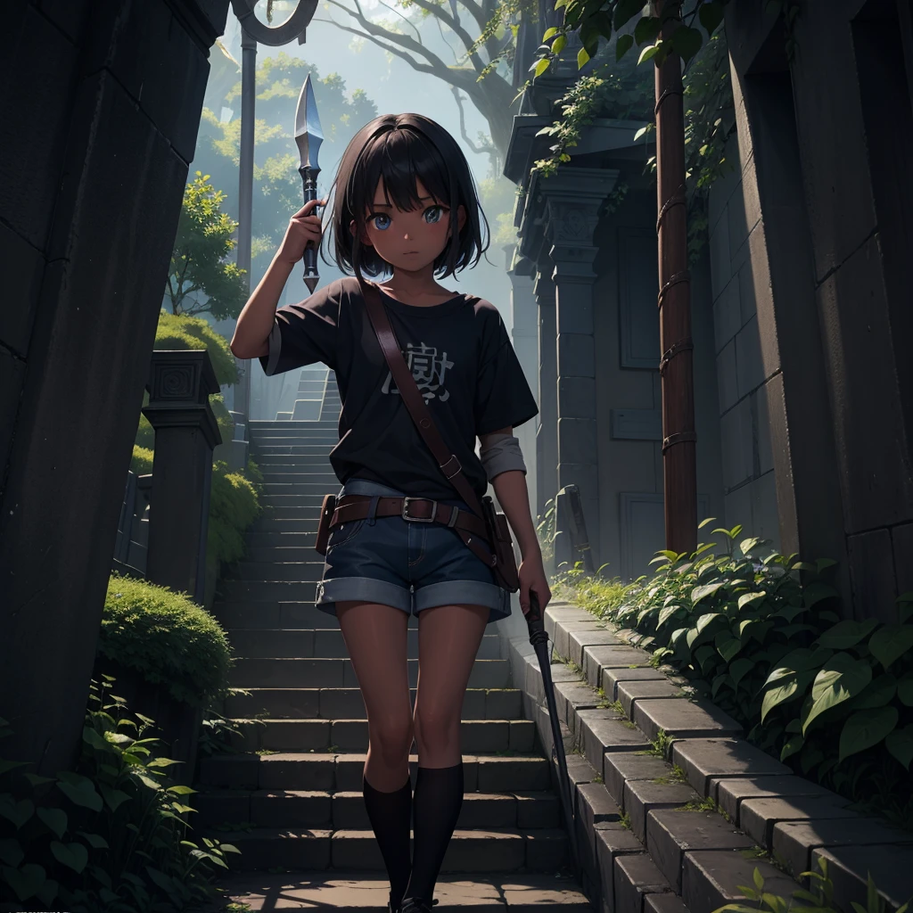 最high quality、high quality、Simple cloth clothing、10Year old girl adventurer、Climb the maze stairs、Shorts、Equipped with a dagger and a shield、In a dark maze