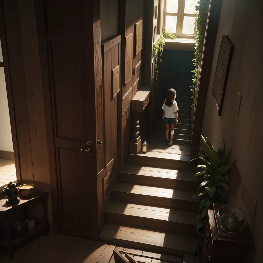 最high quality、high quality、Simple cloth clothing、10Year old girl adventurer、Climb the maze stairs、Shorts、Equipped with a dagger and a shield、In a dark maze