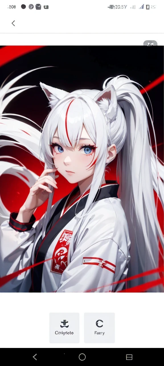 A girl wearing a white Japanese fox mask, long white haired girl in Japanese styled ponytail, one red streams, long bangs, blue sharp eyes, she sports has two red stripes in her cheeks, Japanese restaurant clothing.