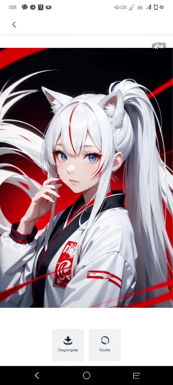 A girl wearing a white Japanese fox mask, long white haired girl in Japanese styled ponytail, one red streams, long bangs, blue sharp eyes, she sports has two red stripes in her cheeks, Japanese restaurant clothing.