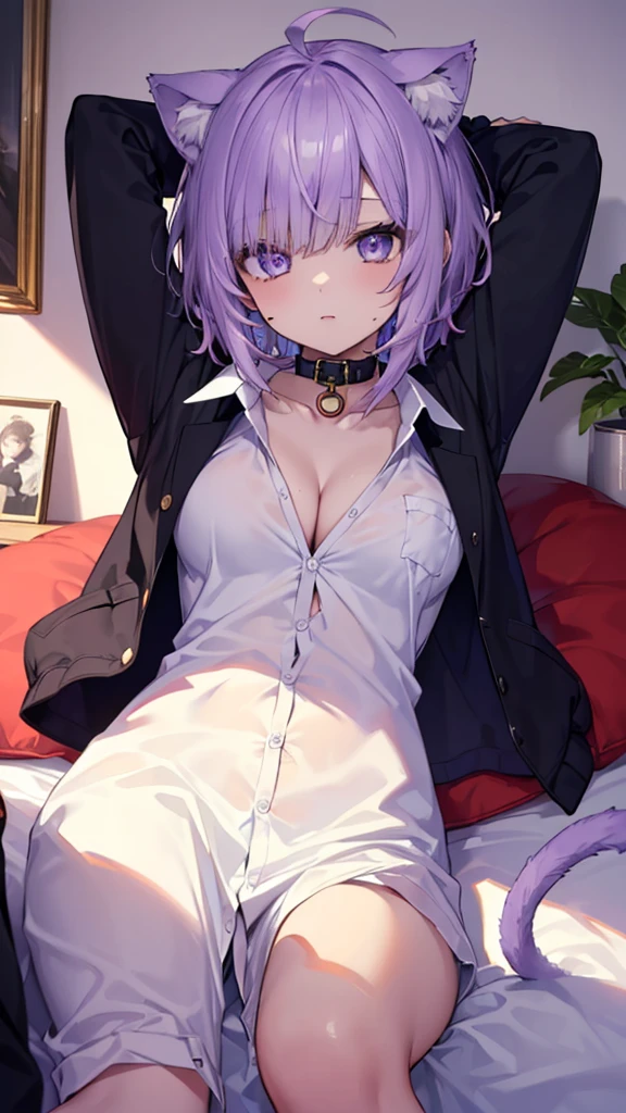 (best quality:1.2), (ultra detailed:1.2),(masterpiece:1.2),(8k:1.2),(aaokayu, short hair, ahoge, animal ears, cat tail, black collar, neck ribbon, purple ribbon, collarbone, cleavage, dress shirt, collared shirt, button gap, black jacket, open clothes),(Blessed,Captivating body、Ultra detailed hands、Ultra-detailed eyes、Ultra-detailed skin、ultra-detailed face,Detailed Background),One Girl、(bedroom,lie down,arms up:1.5),(ecstasy:1.5)