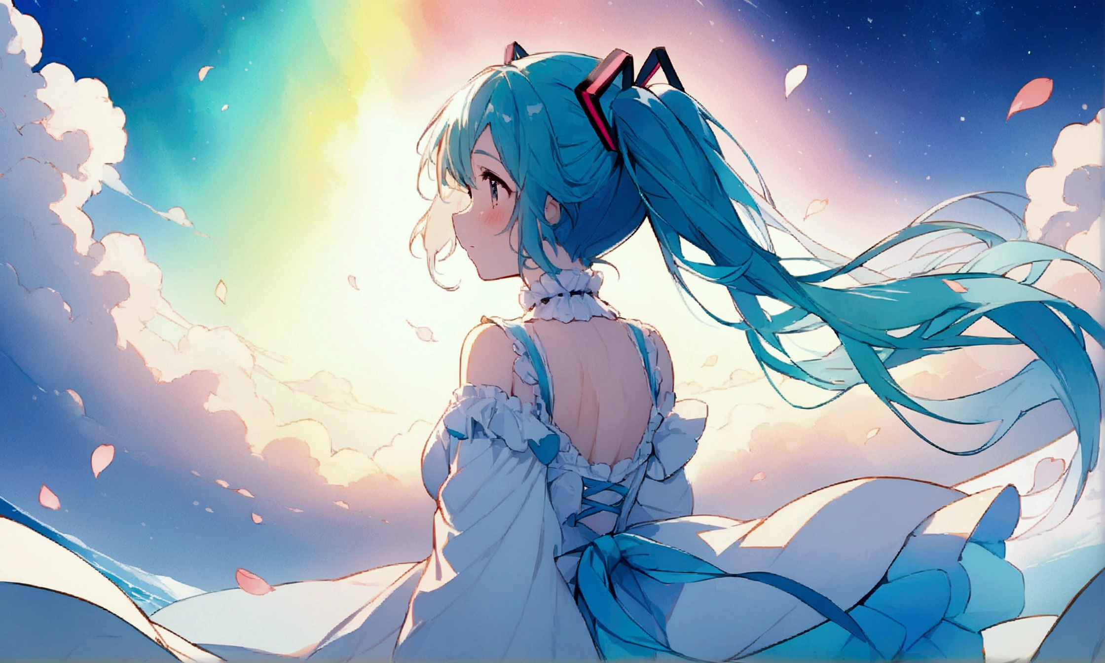 (masterpiece、Highest quality、Highest quality、Official Art、beautiful, beautiful:1.2)、(1 girl:1.3)hatsune miku、Twin tails,big,(High resolution、Very detailed、Hmph、movie、Cherry Blossom Gardenに立つ女の子、Cherry Blossom Garden、Cherry blossom petal splash art、Ultra Detailed Fields、beautiful white starry sky、Aurora、Light blue、Blanche、Nebula in the sky、watercolor、Pastel colored sun、rainbow、Natural scenery,Back view,