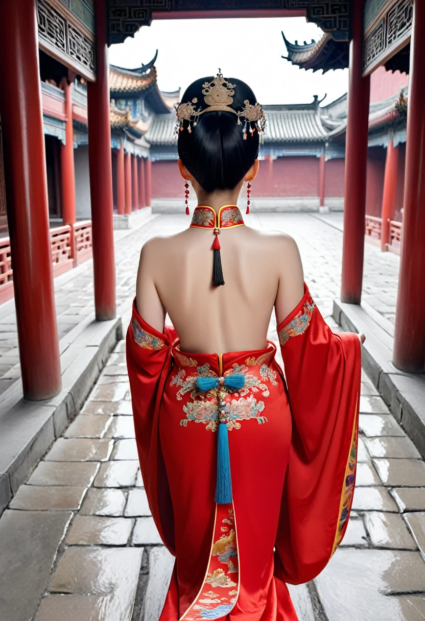 The background is a cobblestone street outside a Chinese palace in the Qing Dynasty. The empress at the Chinese court in the Qing Dynasty is wearing red Hanfu and looking from the front. Her big buttocks are covered with a naked loincloth that has been moved down to show off her big breasts. Her hair is adorned with a gorgeous Chinese empress's crown, and the back of her hair is tied up at the top.