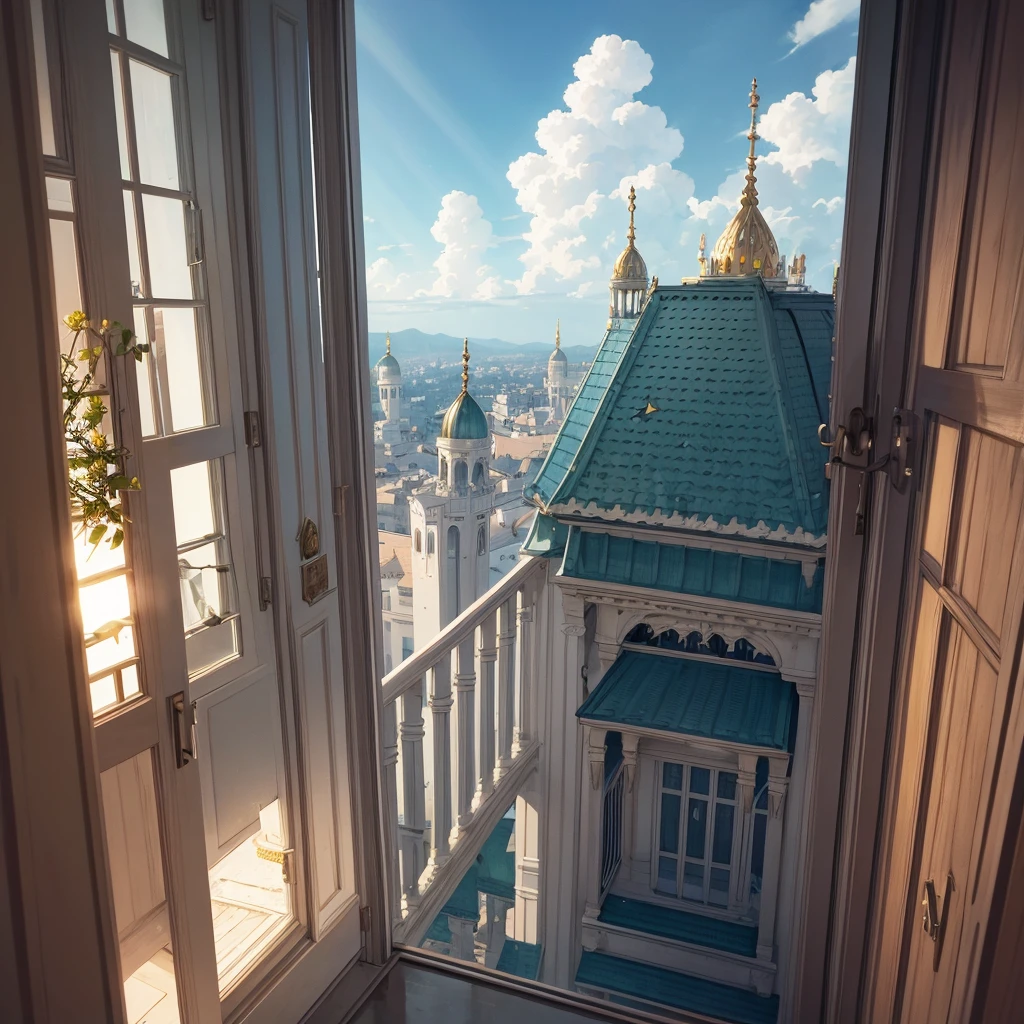 Sky pov, birdnest like balcony ( A place to greet, A place to home ) hands unity, highly detailed, atmospheric lightning rays, islam, heaven door, god rays, nostalgic