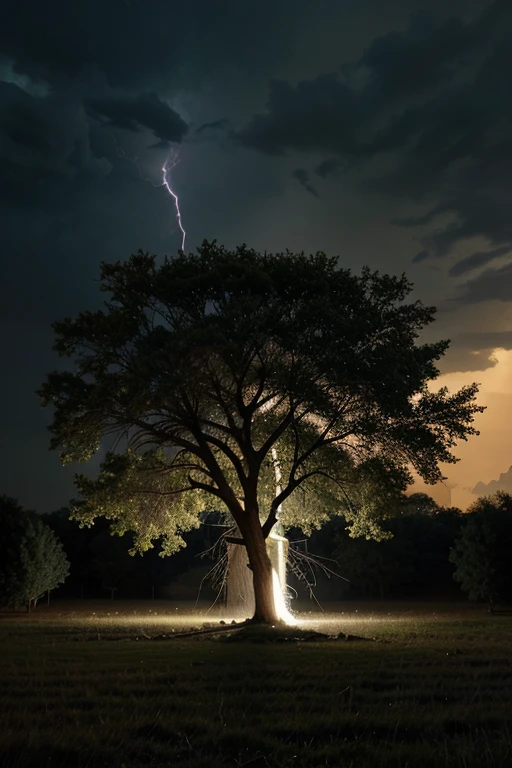 A lighting or thunder ways in dark sky falling on a haunted tree or firing tree