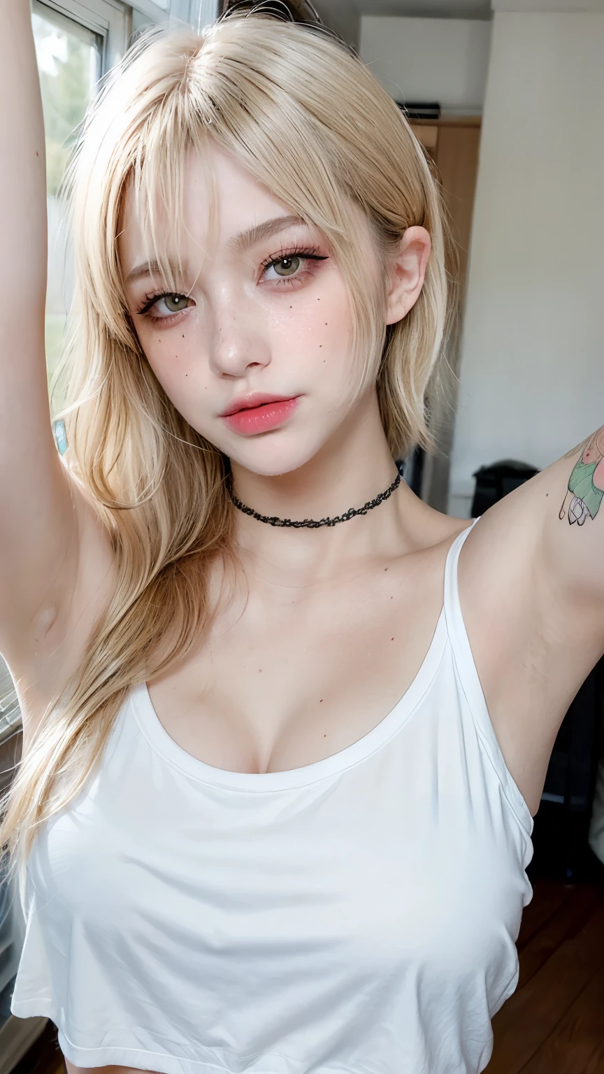1 girl, Wink, blonde, freckles, Arm tattoo, Plain white t-shirt, choker, Natural light, Selfie