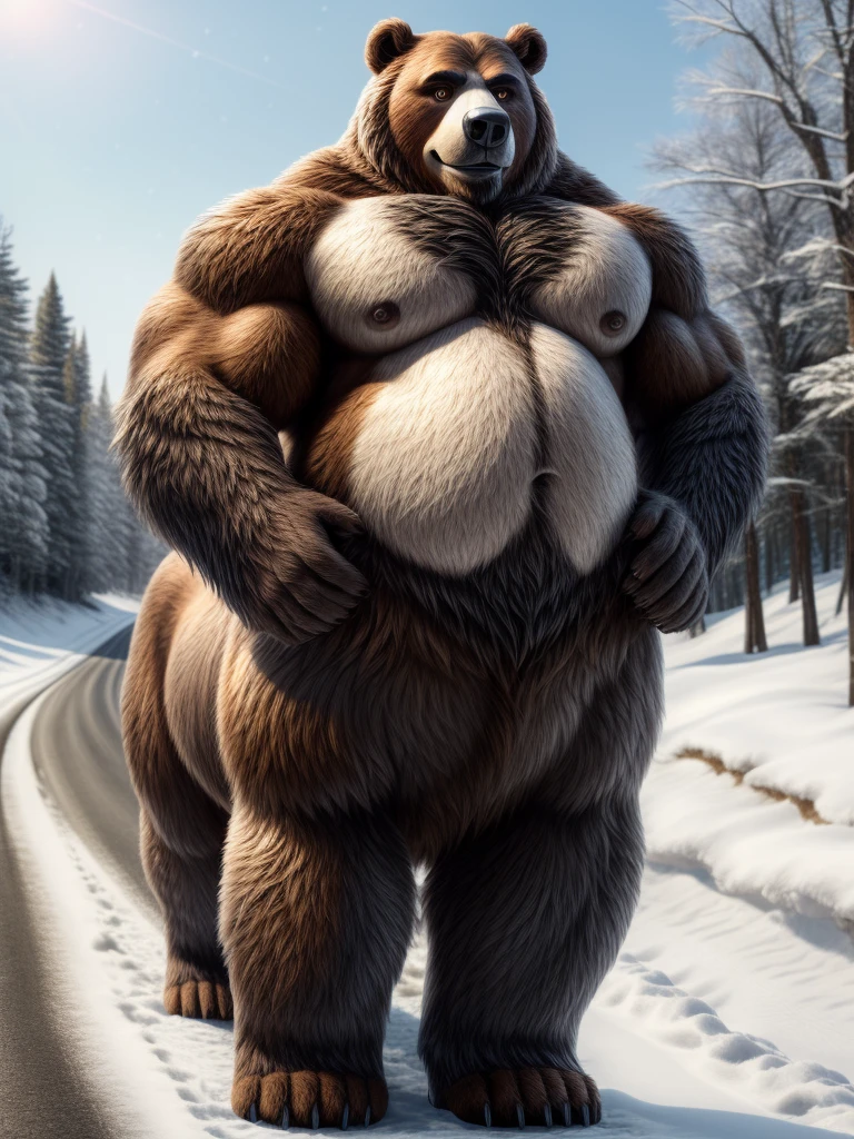 furry, fur taur, beartaur, middle-age, solo,1man, detailed face, bear ears, bear eyes(brown), bear nose(black), bear mouth, beard(grey), mature hair(grey), detailed arms, thick arms, muscular, thick hands(5 fingers), detailed body belly, thick body, muscle belly(white), thick chest, chest hair(white), nipples, detailed taur body, thick taur body, thick bear paws, thick bear tail, full body shot, winter, snow, standing on the road