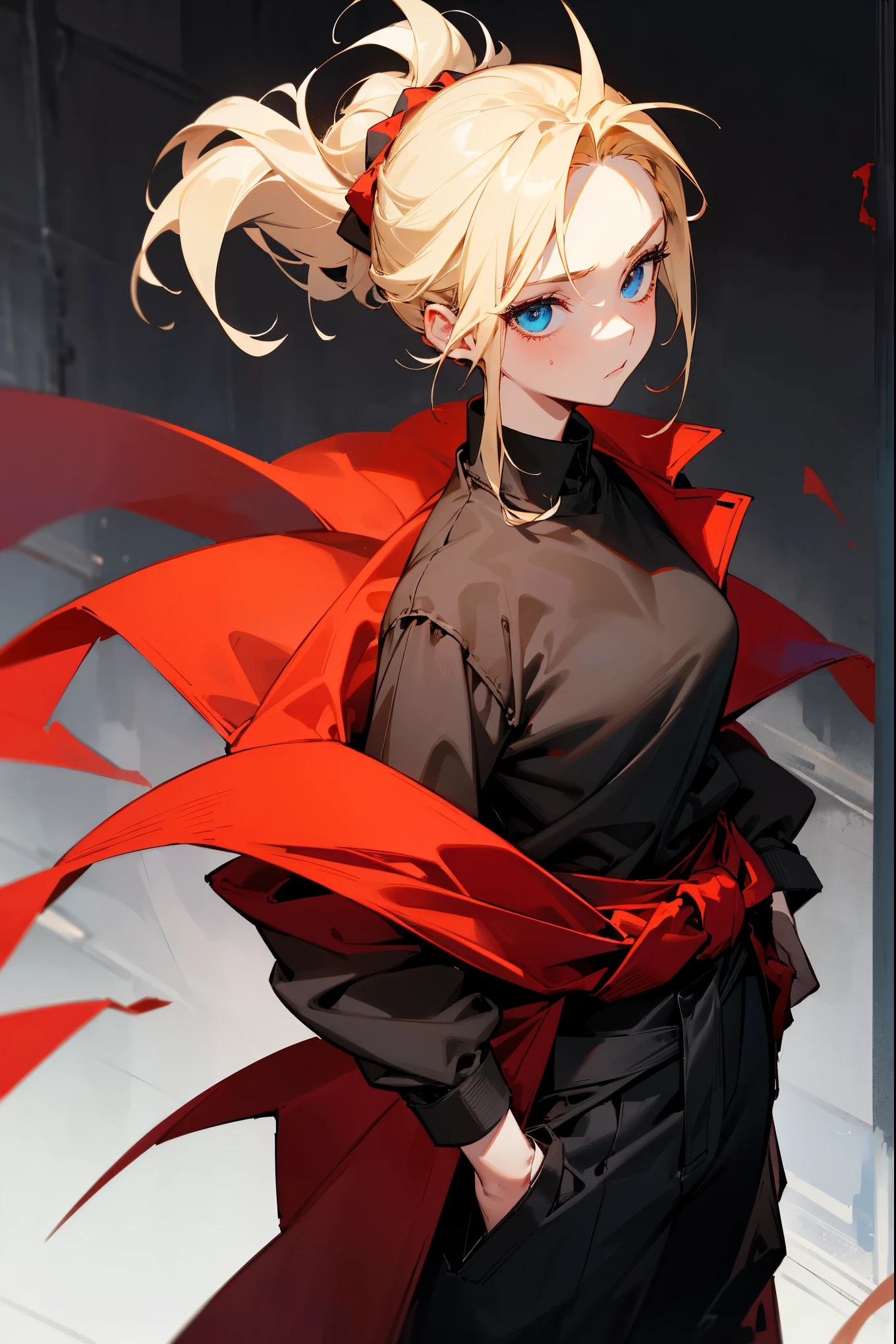1female, blonde hair, messy updo, blue eyes, somber expression, blackundershirt, red overcoat, red baggy joggers, black cloth belt, shirt tied around waist, foggy background, hands to side, detailed face 