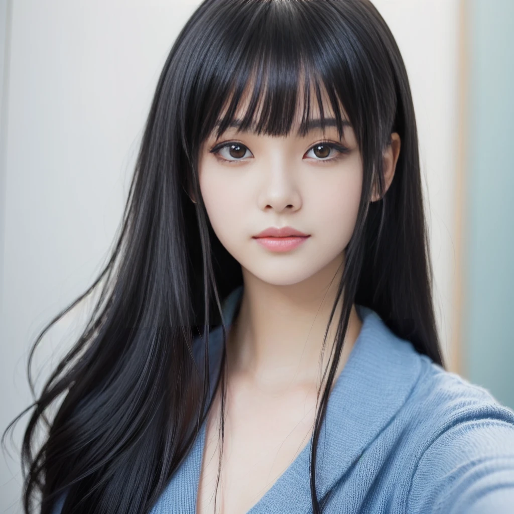 Close-up of a woman with long black hair, Real life anime girls, she has black hair With bangs, Larisa Manovar, neat hair With bangs, Straight Hairstyles, Has long hair and sharp eyes, Straight black hair, With bangs, Girl cute beautiful face, 8K Selfie, Cute natural anime face
