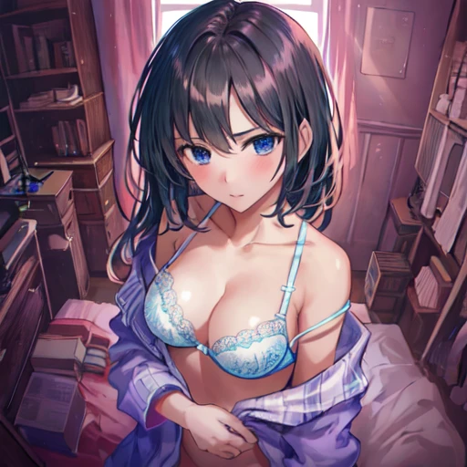 Browsing Caution,night,Change of clothes,{{Beautiful big breasts 1:2}},avert your eyes,{{high school girl}},Dirty room,Bed in the back,Distraught look,{{Off-shoulder bra}},View your viewers, Cowboy Shot, From above,,blush,Photorealistic 1;4,{{Light black hair with bangs pinned back}},高品質なpanties,High quality pink bra,panties,Chic 1;2,Highest quality,{{Beautiful ass}},pretty girl,High Quality Backgrounds,Slanted Eyes,Detail of wrinkles on shirt chest,{{{high school girl}}},{{Beautiful blue eyes 1:4}},break,Five Fingers