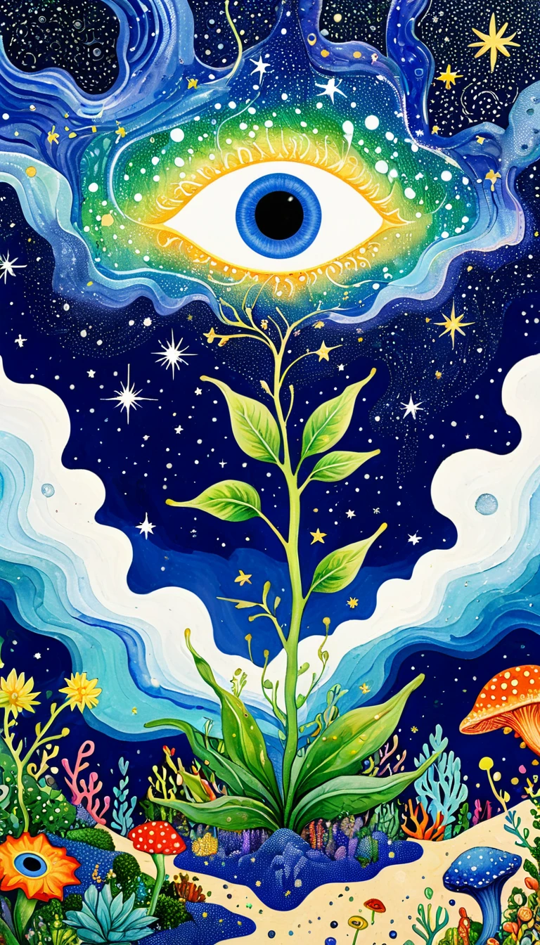 Psychedelic Art。plant、Marine life、Eye、Starry Sky，An abstract painting at the joint，Describing the inner world of autistic people，Sense of space，blank，White Space，Pointillism method，Childish lines，Klein Blue