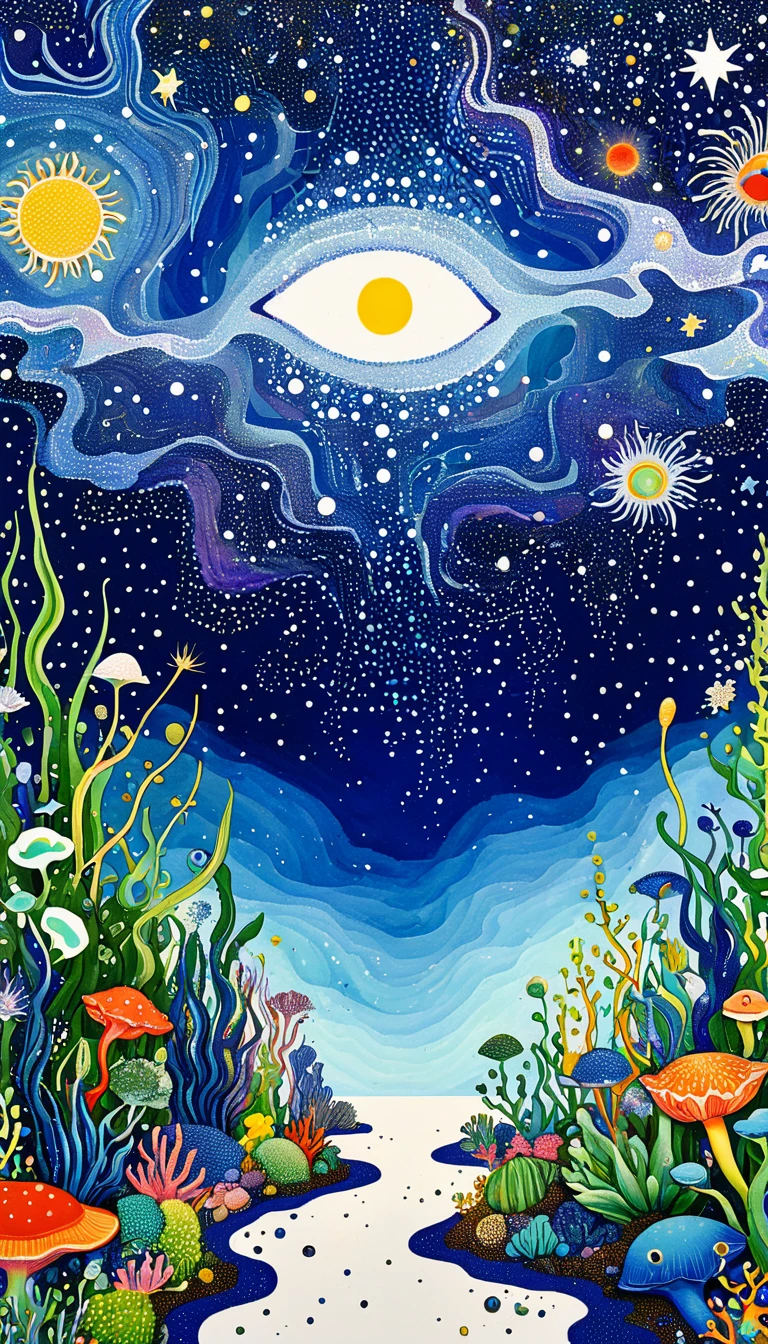 Psychedelic Art。plant、Marine life、Eye、Starry Sky,An abstract painting at the joint,Describing the inner world of autistic people,Sense of space,blank,White Space,Pointillism method,Childish lines,Klein Blue