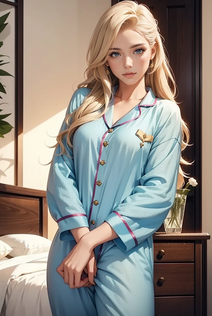 An incredibly beautiful young femme fatale-blonde with blue eyes, long golden hair, she is dressed in homemade pajamas, holding a small  in her arms.Realistic image. 