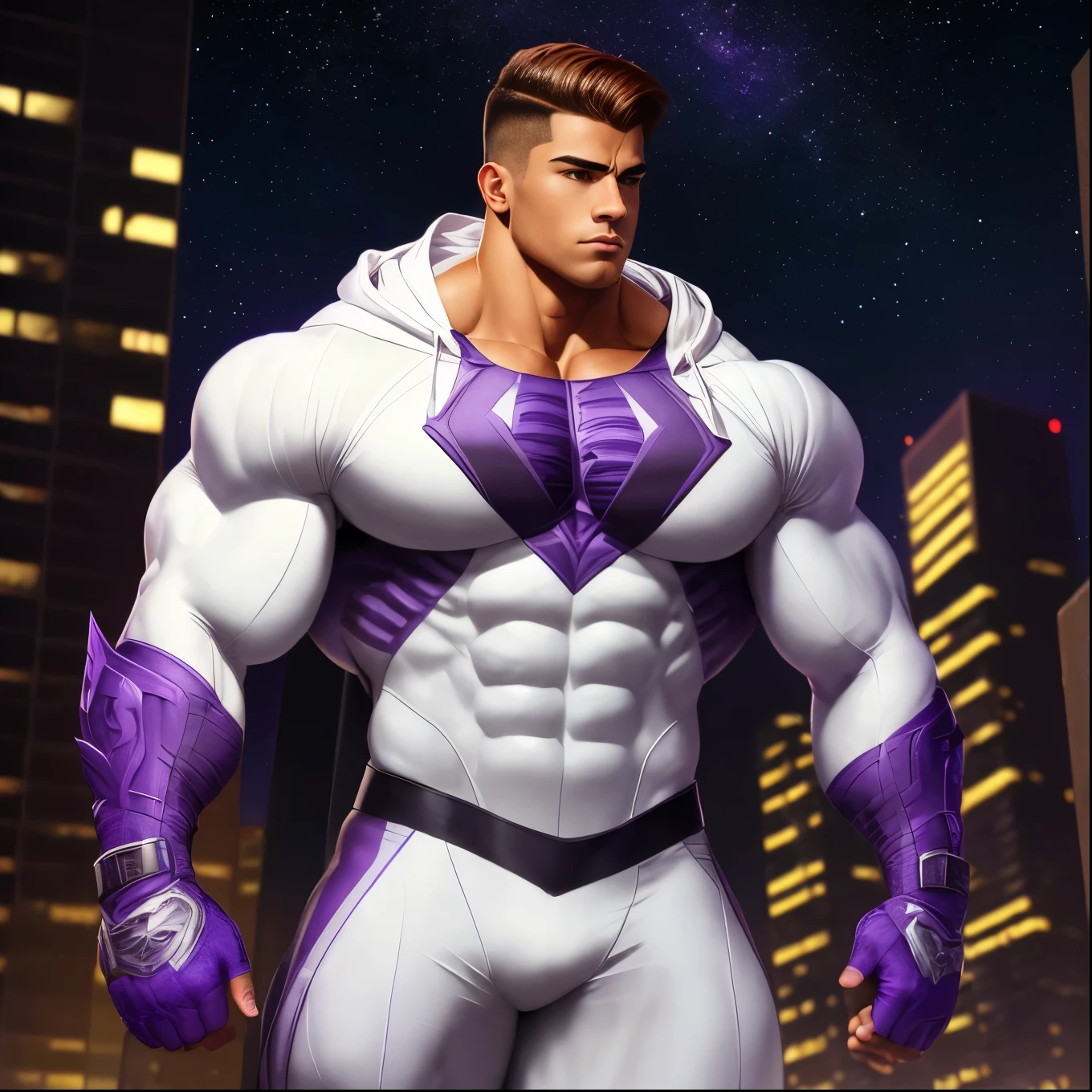 ((Extremely realistic shadows, Masterpiece, extremely detailed, photorealistic)) A ager at 18 years old (Mexican ethnicity) Carr, muscular thighs, bulging neck. Tanned skin massive muscular bodybuilder, red hair, military haircut, tight clothing, body full of muscles; ripped abs, V-shaped body, thick waist, long legs, strong arms. City background, skyscraper, futuristic city, night, stars, night lights, Superhero, hero, bodysuit, hood, hood on, massive muscles, huge pecs, chiseled ABS, huge pecs, exaggeratedly huge muscles. A young hero whose presence inspires trust and respect. (((His hero suit is white and purple))) Close up Look, look up view.
