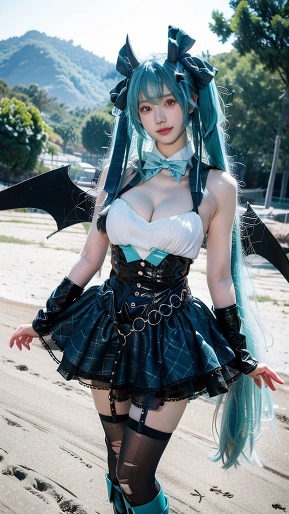 hatsune miku cosplay costume, hatsune miku, cosplay, aqua hair, very long hair, twintails, shirt, corset, skirt, plaid skirt, detached collar, detached sleeves, arm warmers, bowtie, bow, horns, demon horns, demon wings, demon tail, ribbon, o-ring, chain, thigh strap, hair ribbon, hair bow, thighhighs, torn thighhighs, knee boots, belt boots, platform boots ((Cleavage visible, E-cup size)), 1girl, beautiful detailed eyes, Sexy long legs, beautiful detailed lips, extremely detailed face and skin, long elegant hair, flawless hourglass figure, cleavage, standing on the beach, photorealistic, detailed texture, flowing hair, expressive eyes, warm smile, ornate details, soft lighting, relaxed pose, natural lighting highlights features and surroundings, anatomically correct