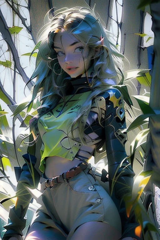 green long hair girl,Yellow Eyes,Living in the forest,high quality,Sexy pose,Green clothes,Purple accent,Cute as a frog,