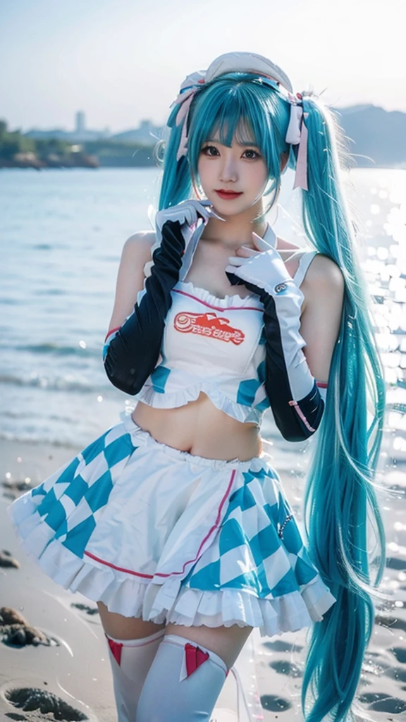hatsune miku cosplay costume, hatsune miku, racing miku, cosplay, aqua hair, twintails, very long hair, crop top, checkered clothes, midriff, navel, multicolored gloves, elbow gloves, hair ribbon, ribbon, hat, skirt, frilled skirt, thighhighs, print legwear, high heels ((Cleavage visible, E-cup size)), 1girl, beautiful detailed eyes, Sexy long legs, beautiful detailed lips, extremely detailed face and skin, long elegant hair, flawless hourglass figure, cleavage, standing on the beach, photorealistic, detailed texture, flowing hair, expressive eyes, warm smile, ornate details, soft lighting, relaxed pose, natural lighting highlights features and surroundings, anatomically correct