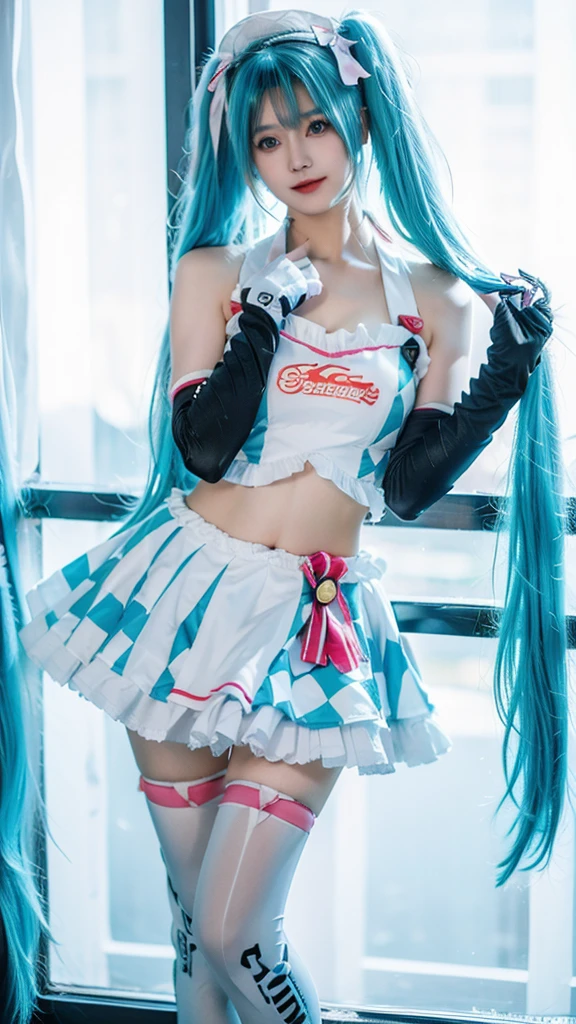 hatsune miku cosplay costume, hatsune miku, racing miku, cosplay, aqua hair, twintails, very long hair, crop top, checkered clothes, midriff, navel, multicolored gloves, elbow gloves, hair ribbon, ribbon, hat, skirt, frilled skirt, thighhighs, print legwear, high heels (( visible, E-cup size)), 1girl, beautiful detailed eyes, Sexy longs, beautiful detailed lips, extremely detailed face and skin, long elegant hair, flawless hourglass figure, cleavage, stn the beach, photorealistic, detailed texture, flowing hair, expressive eyes, warm smile, ornate details, soft lighting, relaxed pose, natural lighting highlights features and surroundings, anatomically correct