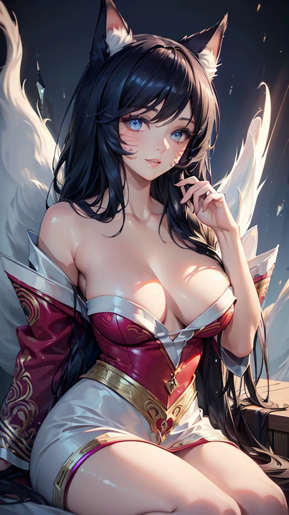 (best quality,ultra-detailed,realistic:1.37),Ahri,spa,luxurious,relaxing atmosphere,beautiful detailed eyes,beautiful detailed lips,smiling,bathrobe,sitting upright,black hair,nine white tails,peaceful background,portraits,vivid colors,soft lighting,tranquil ambiance