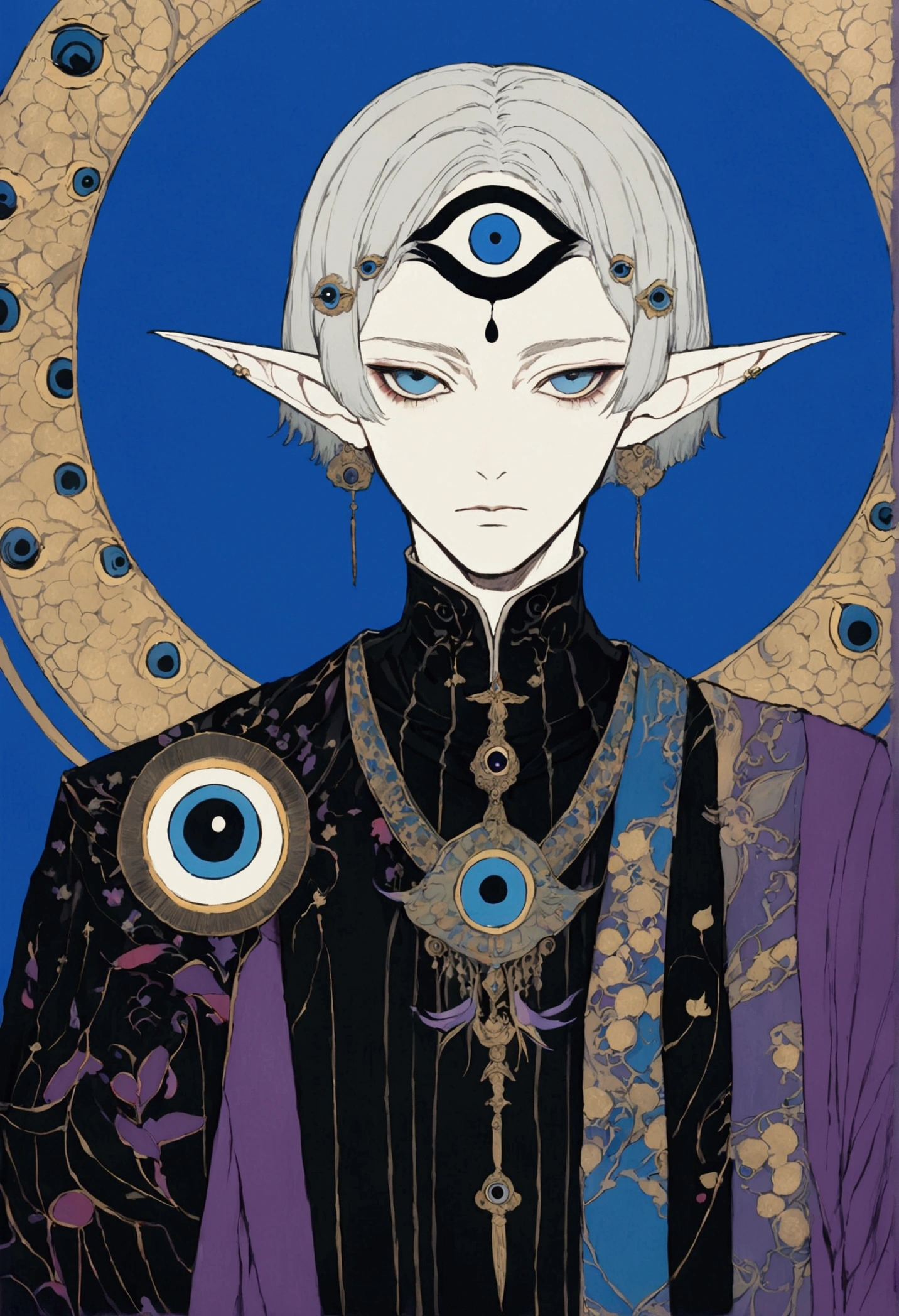 (((Harry Clark (Harry Clarke) style,圣地亚哥·卡鲁索style)))，(((The third eye on the forehead。short hair，Pointed ears，robe)))，Wide Angle，Black and blue，Solid color background