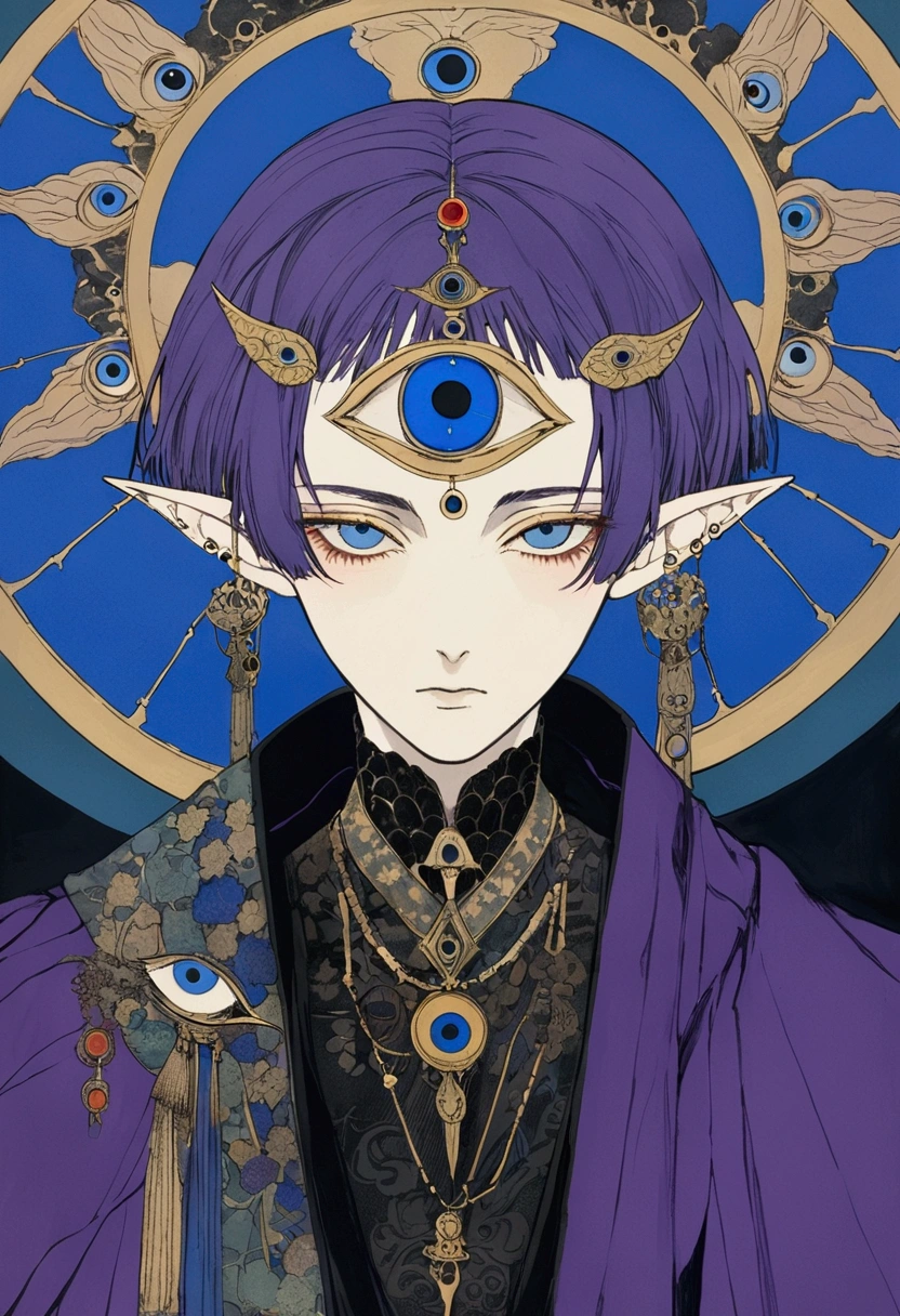 (((Harry Clark (Harry Clarke) style,圣地亚哥·卡鲁索style))),(((The third eye on the forehead。short hair,Pointed ears,robe))),Wide Angle,Black and blue,Solid color background