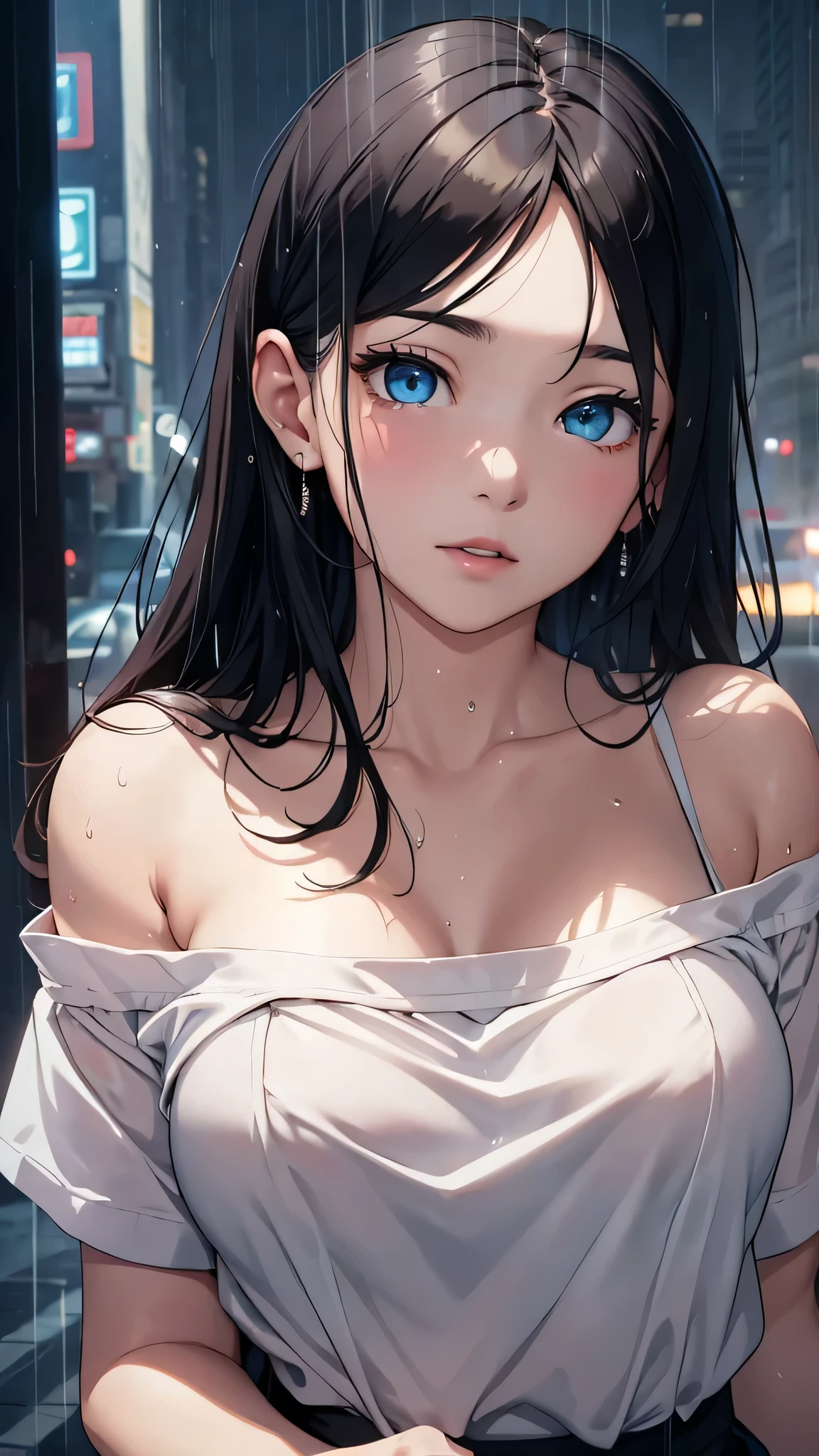 最high quality、Best image quality、masterpiece、With a girl((cute、、Best Bust、Medium Bust、Beautiful Blue Eyes、Spread your chest wide,Black Hair、Disheveled Hair、thin、Highest Valley、white open Y shirt,Black trousers、teary whole body is wet))high quality、Beautiful art、background((night、heavy rain、City)),Tabletop、Exquisite design、Visual Arts、Written boundary depth、Best lighting、Highest detail、8k