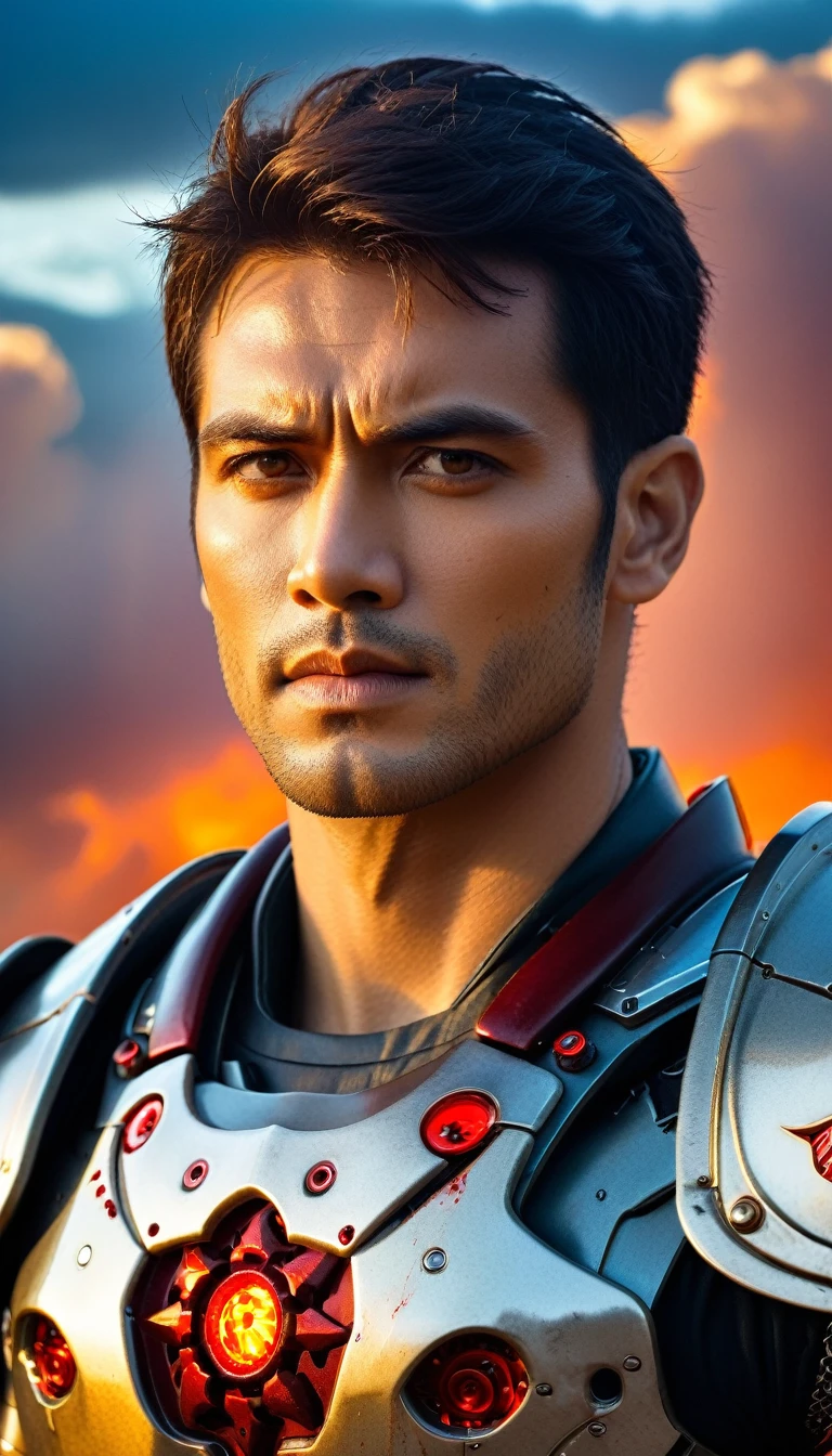 Close-up of a ((extremely handsome male warior)) , half human, half machine. Their eyes are filled with hapiness and longing. The background is a trail of blood and violence. He wears a mechanized robot armor, carved with animal elements, human skulls. The sky is filled with swirling, fiery clouds. The photo conveys a strong sense of the warrior's appearance, ((smiling))