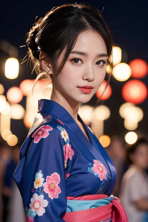 highest quality、4K、Perfect Face、Perfect Style、perfect body、Sunburn、beautiful lady、mature、summer festival、Japan、blue yukata 、firework、at night、low updo