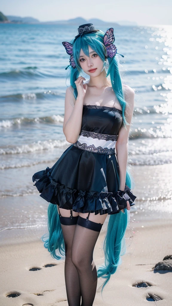hatsune miku cosplay costume, hatsune miku, cosplay, twintails, aqua hair, very long hair, strapless dress, dress, fingerless gloves, mini hat, butterfly hair ornament, hair ornament, headphones, butterfly headphones, thighhighs, high heels ((Cleavage visible, E-cup size)), 1girl, beautiful detailed eyes, Sexy long legs, beautiful detailed lips, extremely detailed face and skin, long elegant hair, flawless hourglass figure, cleavage, standing on the beach, photorealistic, detailed texture, flowing hair, expressive eyes, warm smile, ornate details, soft lighting, relaxed pose, natural lighting highlights features and surroundings, anatomically correct