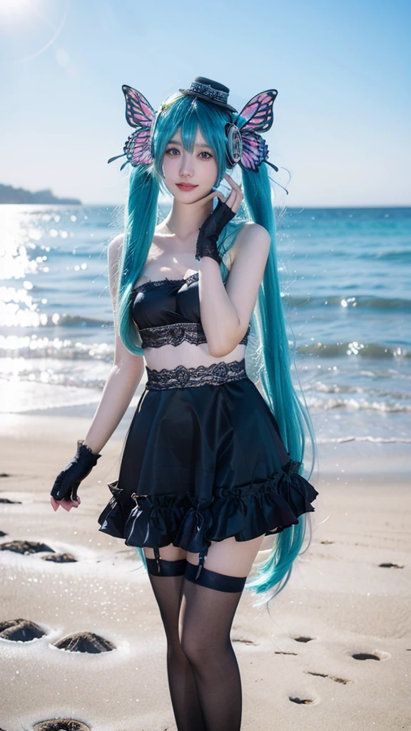 hatsune miku cosplay costume, hatsune miku, cosplay, twintails, aqua hair, very long hair, strapless dress, dress, fingerless gloves, mini hat, butterfly hair ornament, hair ornament, headphones, butterfly headphones, thighhighs, high heels ((Cleavage visible, E-cup size)), 1girl, beautiful detailed eyes, Sexy long legs, beautiful detailed lips, extremely detailed face and skin, long elegant hair, flawless hourglass figure, cleavage, standing on the beach, photorealistic, detailed texture, flowing hair, expressive eyes, warm smile, ornate details, soft lighting, relaxed pose, natural lighting highlights features and surroundings, anatomically correct