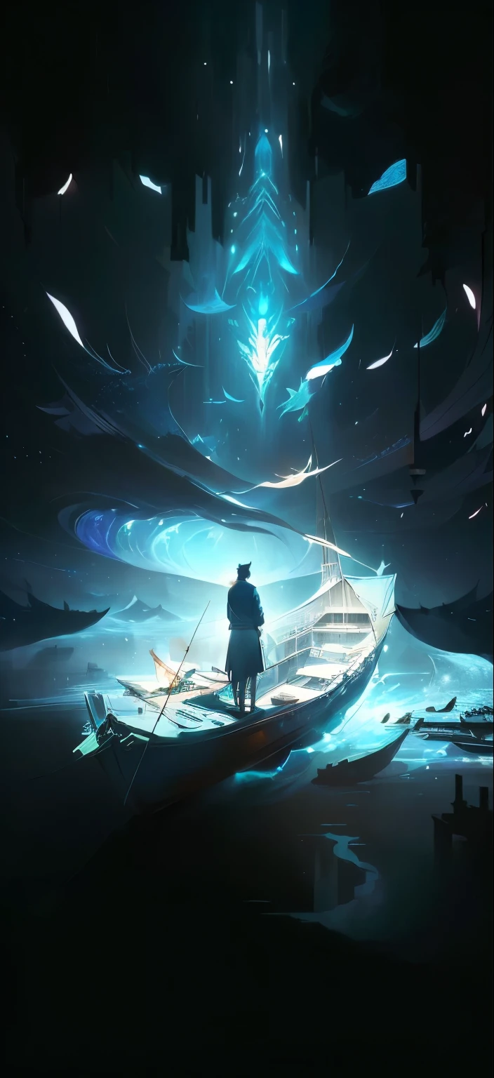 A man stands on a boat in a dark room, Magic concept art, author：Yang J, Shinkai Makoto Cyril Rolando, Emotional Concept Art, Ethereal Anime, Li Song, by Qu Leilei, author：Song Xu, Concept Art Magic Highlights, by Zha Shibiao, Theatre concept art, Yu Zhiding