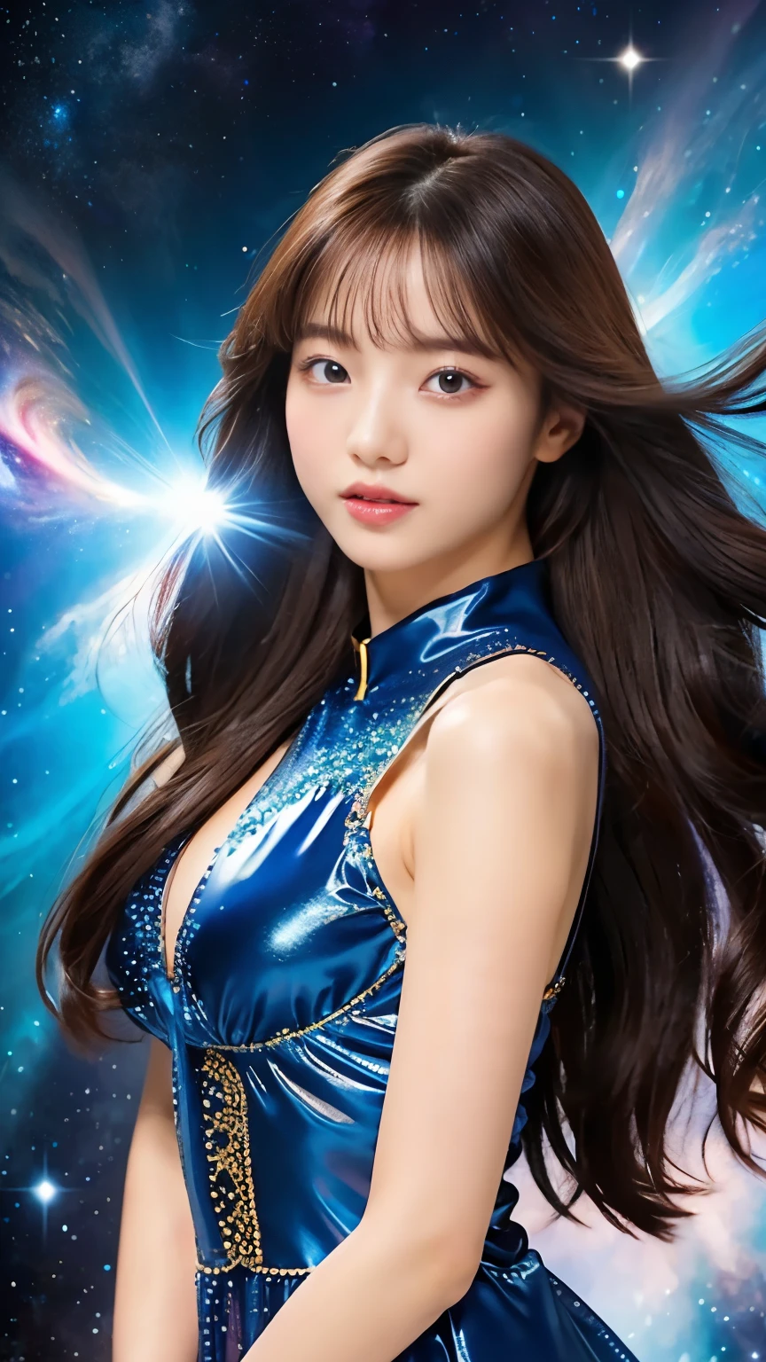 4K Ultra HD, masterpiece, A girl with a magical aura, Nice face, Long Hair, Shiny Hair, Detailed eyes, Glossy Lips, Blue ****ta Costume, Aura around the body, Magical Effects, Spreading white light, Cosmic elements and ethereal atmosphere, A mix of bright lights and colorful nebulae, Space Background, Perfect body,