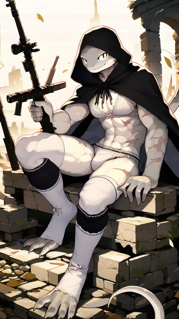 One person、Slender lizard man、masterpiece、Highest quality、Silver body、There are scars on the body、Sharp Eye、White lace underwear、Lace fabric bra、Knee-high socks、Long, thin tail、battlefield、Black hooded cloak、sniper rifle、Sitting on rubble in the ruins