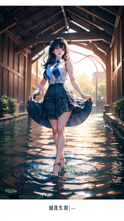 Anime Kawaii sexy Perfect Slim sensual body large breast and huge thighs, An intricate and highly detailed illustration of anime (Young girl). ((Biologically correct member count))、(( full body including face))、4K、work of art、((focus on the face))、((Symmetrical, well-proportioned facial features))、Eyes with delicate representations、(((1 person)))、beautfull woman、Outstanding Style、slenderbody、(((High heels with ankletshinestones sleeveless、plaid hip skirt)))、necktie、(((photo with white frame、photo with white frame)))、((looking up))、unexpressive、(((riverside、stay on the surface of the water)))、(Upper body close-up photo)、greatest angle、dawn、Raby、((A backlit photo with the sun in the background))、Calf tattoo、