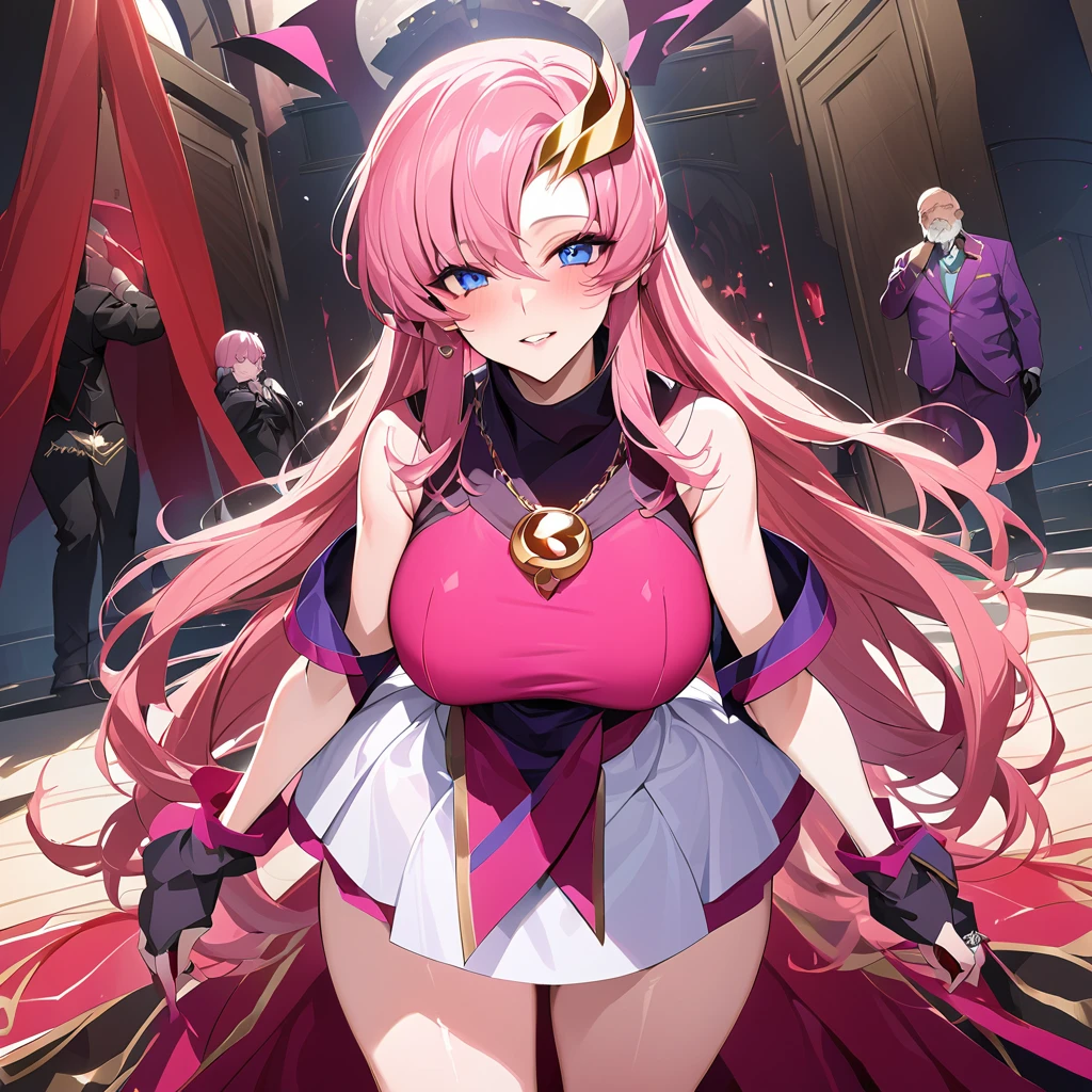 ((Highest quality)), ((masterpiece)), (detailed), （Perfect Face）、The woman is Lacus Clyne, a shrine maiden of an evil god and the wife of the leader of the evil god cult of the Saintess of Darkness. She has blue eyes, medium-long pink hair, a hair ornament, a shrine maiden outfit of an evil god, a necklace with a devil symbol, other evil accessories, a gorgeous head chain tiara, and an engagement ring.、The woman is the wife of a middle-aged, bearded cult leader who is revered by a mysterious cult of evil gods.、He is standing at the altar of the Evil God Cult with a mysterious cult leader dressed in luxurious cult leader clothing.