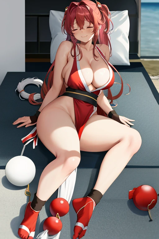 masterpiece, best quality, beautiful art, high resolution, well formed hands, body and fingers, 1 woman, solo, Mari Setogaya ,adult, grown up,  cosplaying as Mai Shiranui , mai_shiranui_cosplay, adult, large and round breasted, cleavage, full body , hair ribbon, gorgeous legs and, thighs, sexy Japanese clothes, hair ornament , sexy legs , hips and thighs,ryona,in peril, she is  defeated, knocked out, passed out, closed eyes, exhausted, unconscious, laying down on the sand, extended exposed body, full body on the sand, breathing heavily, sexy smirk on her face, bouncing breasts, sexy defeated pose, defeat and  KO scene, fallen beauty, martial arts tournament with beach environment  