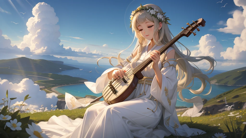 最high quality、high quality、Beautiful face with a sense of transparency、heaven, Sanctuary, Paradise、Greek God々、heavenly Grassland、Long dress、Filled with light、mysterious、Little angels playing musical instruments around God、雲の中にGreek God殿、You can see the sea of clouds