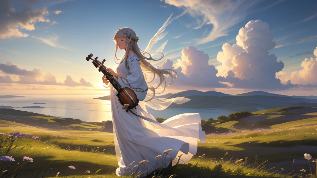 最high quality、high quality、Beautiful face with a sense of transparency、heaven, Sanctuary, Paradise、Greek God々、heavenly Grassland、Long dress、Filled with light、mysterious、Little angels playing musical instruments around God、雲の中にGreek God殿、You can see the sea of clouds