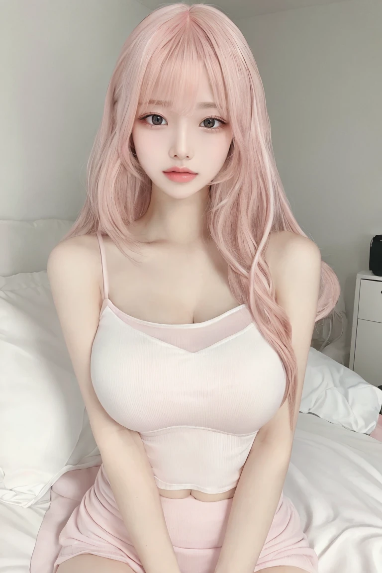 Cleavage:1.5、Full body image:1.2,(Pink Hair:1.5)、masterpiece、Highest quality、Extremely detailed 8K、Ultra HD、Very detailedな、Very detailed、Very realistic、Realistic、Japanese、One Girl、High head rate、Beautiful realistic face、Realistic face in every detail、Attention to detail, Realistic Hair、Beautiful and realistic hairstyles、Beautiful and realistic eyes、hVery detailed realistic eyes、Proportional eyes、HVery detailed pupils、Very detailedリアルな自然な眉毛、Very detailedリアルな唇、 Beautiful and realistic lips、Pink lipstick、Sexy lips、Realistic and well-proportioned breasts、Realistic medium sized breasts、Slim Abs、Very detailed皮膚、(Tight white camisole:1.5)、(Lie on your back on a soft bed:1.5)、face waiting for kiss:1.5、From above、Cute room for female college students