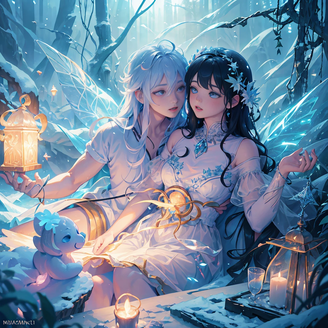 Fantastic snow and ice jungle，Many scattered crystal trees、Glowing amethysts illuminate the snow and ice、Shine in the center，Beautiful transparent flowers, Transparent colored butterfly, The wand flutters in the wind､The crystal shimmers with starlight，Golden wand，transparent feathers，fanciful、Starskrim、cleanness、glimmering、Shineagnifica、Verdant、Light、with light glowing，Magic pictures,Delicate leaves and branches are surrounded by fireflies（nature elements），（Jungle theme），（Foliage），（tree branch），（glowworm），（Particle effect），Masterpiece, Super detailed, Epic composition, Highest quality, 8K，Epic romantic fantasy digital art，Epic fairy tale fantasy digital art，Mythological fantasy，tmasterpiece，high qulity，8K，UHD resolution，Detailed detail drawing，realisticlying，Very realistic，cinmatic lighting,an award winning photograph,rich colours，hyper realistic lifelike texture，dramatic lighting 