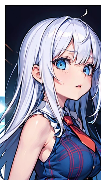 Anime Kawaii sexy Perfect Slim sensual body large breast and huge thighs, An intricate and highly detailed illustration of anime ( girl). ((Biologically correct member count))、(( full body including face))、4K、work of art、((focus on the face))、((Symmetrical, well-proportioned facial features))、Eyes with delicate representations、(((1 person)))、beautfull woman、Outstanding Style、slenderbody、(((High heels with ankletshinestones sleeveless、plaid hip skirt)))、necktie、(((photo with white frame、photo with white frame)))、((looking up))、unexpressive、(((riverside、stay on the surface of the water)))、(Upper body close-up photo)、greatest angle、dawn、Raby、((A backlit photo with the sun in the background))、Calf tattoo、