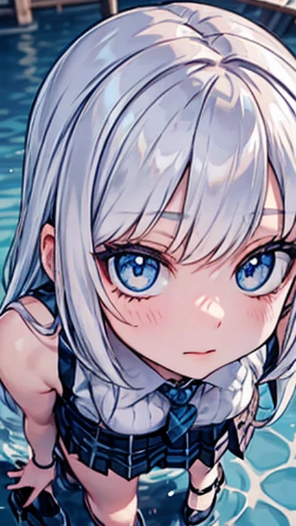 Anime Kawaii sexy Perfect Slim sensual body large breast and huge thighs, An intricate and highly detailed illustration of anime (Young girl).  ((Biologically correct member count))、(( full body including face))、4K、work of art、((focus on the face))、((Symmetrical, well-proportioned facial features))、Eyes with delicate representations、(((1 person)))、beautfull woman、Outstanding Style、slenderbody、(((High heels with ankletshinestones sleeveless、plaid hip skirt)))、necktie、(((photo with white frame、photo with white frame)))、((looking up))、unexpressive、(((riverside、stay on the surface of the water)))、(Upper body close-up photo)、greatest angle、dawn、Raby、((A backlit photo with the sun in the background))、Calf tattoo、