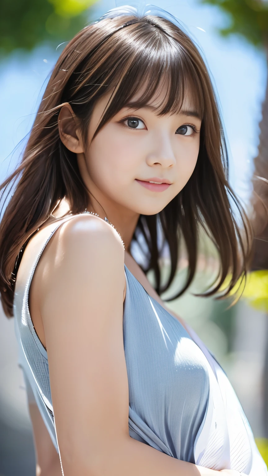 Sexy Big 、Sexy cute looks and cute 15 year old beautiful girl, beautiful and sexy face、A strong wind blows my hair in front of my face、Platinum silver shorthair、beautiful, Cute and sexy eyes hidden behind long bangs、Colorful Dresses