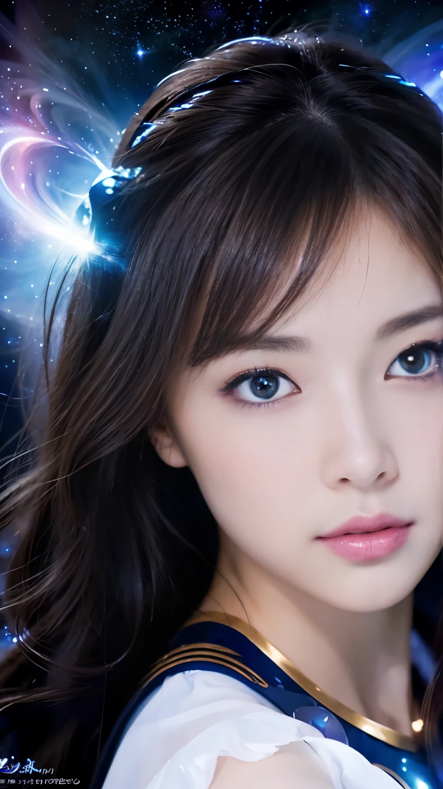 4K Ultra HD, masterpiece, A girl with a magical aura, Nice face, Long Hair, Shiny Hair, Detailed eyes, Glossy Lips, Blue Lolita Costume, Aura around the body, Magical Effects, Spreading white light, Cosmic elements and ethereal atmosphere, A mix of bright lights and colorful nebulae, Space Background, Perfect body,