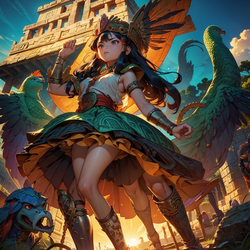 Childish, high quality、Very detailed、8Year、Mayan Aztec young priestess、Flying Feathered Serpent(Quetzalcoatl Kukulkan)Looking up at the sky and offering prayers、Chichen Itza Temple of the Sun in the Forest、mysterious、