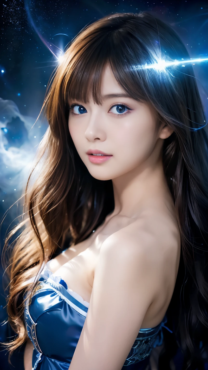 4K Ultra HD, masterpiece, A girl with a magical aura, Nice face, Long Hair, Shiny Hair, Detailed eyes, Glossy Lips, Blue ****ta Costume, Aura around the body, Magical Effects, Spreading white light, Cosmic elements and ethereal atmosphere, A mix of bright lights and colorful nebulae, Space Background, Perfect body,